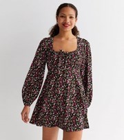 New Look Black Floral Crinkle Jersey Tie Front Mini Dress